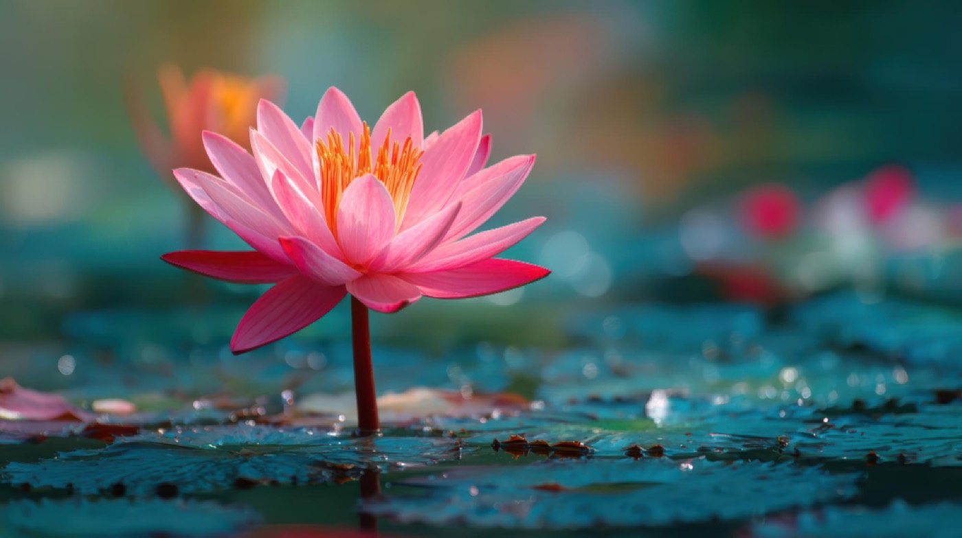 Flor de lótus rosa sustentada por uma haste acima da água